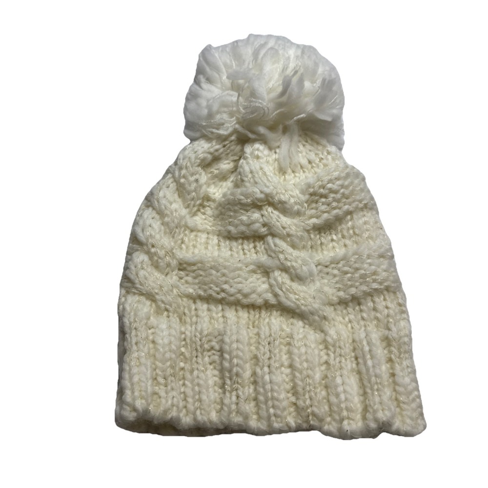Ellen Tracy Womens Cable Knit Pom Pom Beanie Hat Cream White Gold Metallic OS‎